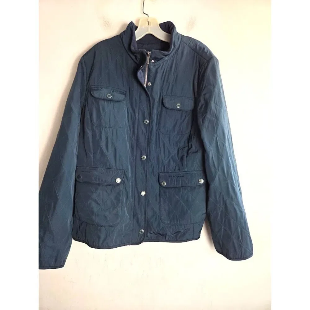Talbots Blue Green Quilted Multi Pocket Full Zipper Snap Button Jacket size XL